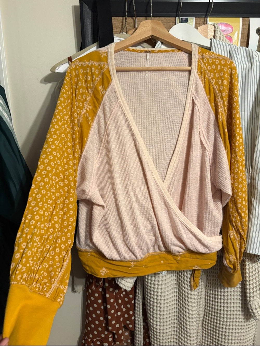 Free People Pink and Mustard Floral Wrap Top